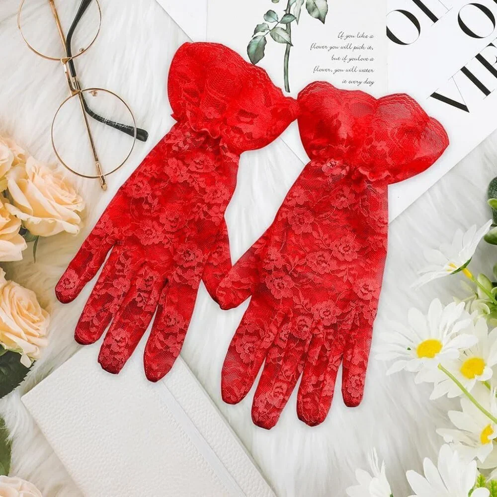 Women's Evening Dark Red Flower Pattern Lace Gloves Design Wedding Party Prom